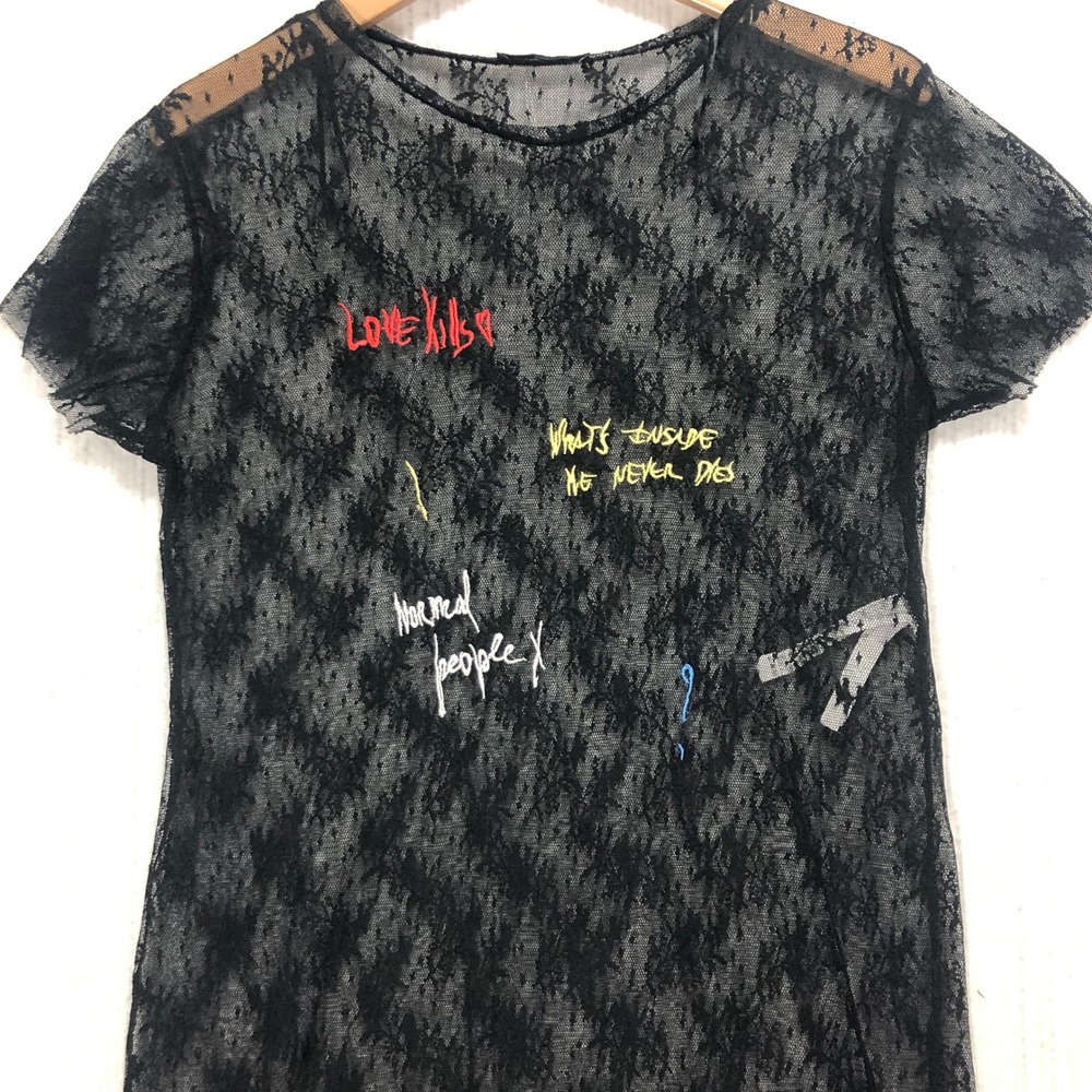 ZARA Black Lace Graphic Tunic Dress Short Sleeve Side Slits